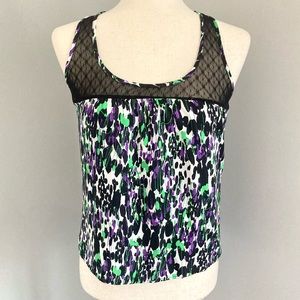 Mimi Chica Purple and Green Paint Splatter Tank Top with Sheer Lace Neckline